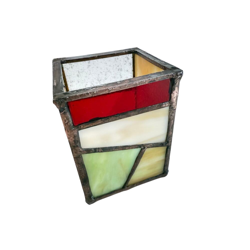Vintage Mosaic Stained Glass Candle Holder Tray MCM 70s Red Green Brown